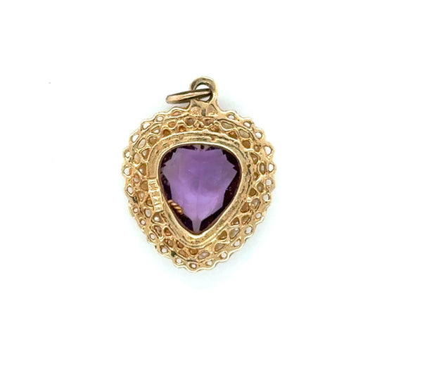 Elegant 14K Gold Heart Shaped Pearl Halo Amethyst Pendant