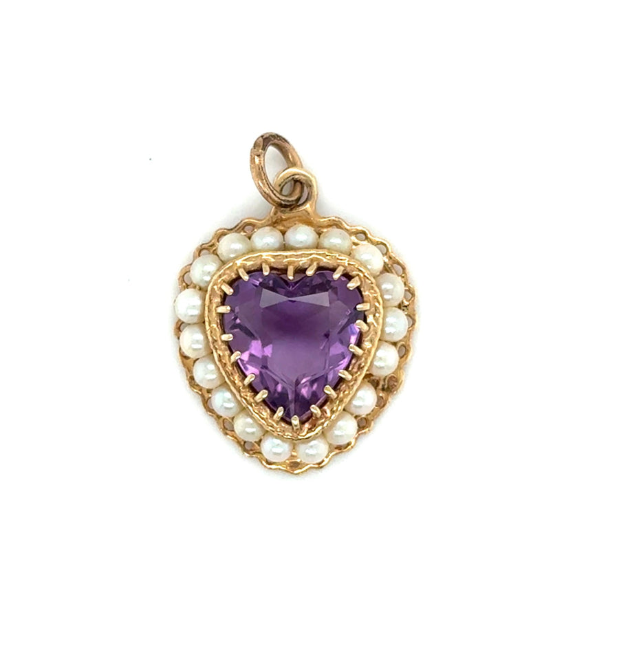 Elegant 14K Gold Heart Shaped Pearl Halo Amethyst Pendant