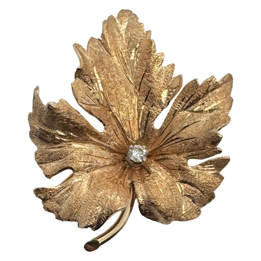 Vintage 14K Gold Maple Leaf Diamond Brooch 7.4 Grams
