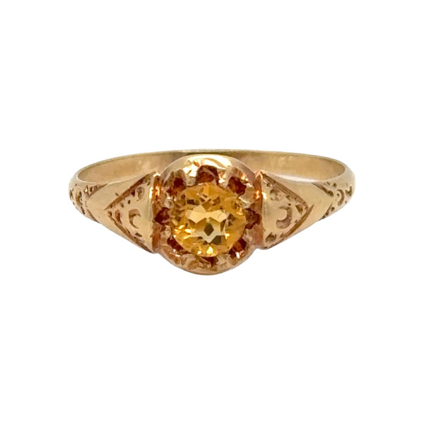 Victorian 18K Yellow Gold Citrine Ring – Antique Engraved Band – Size 6.5