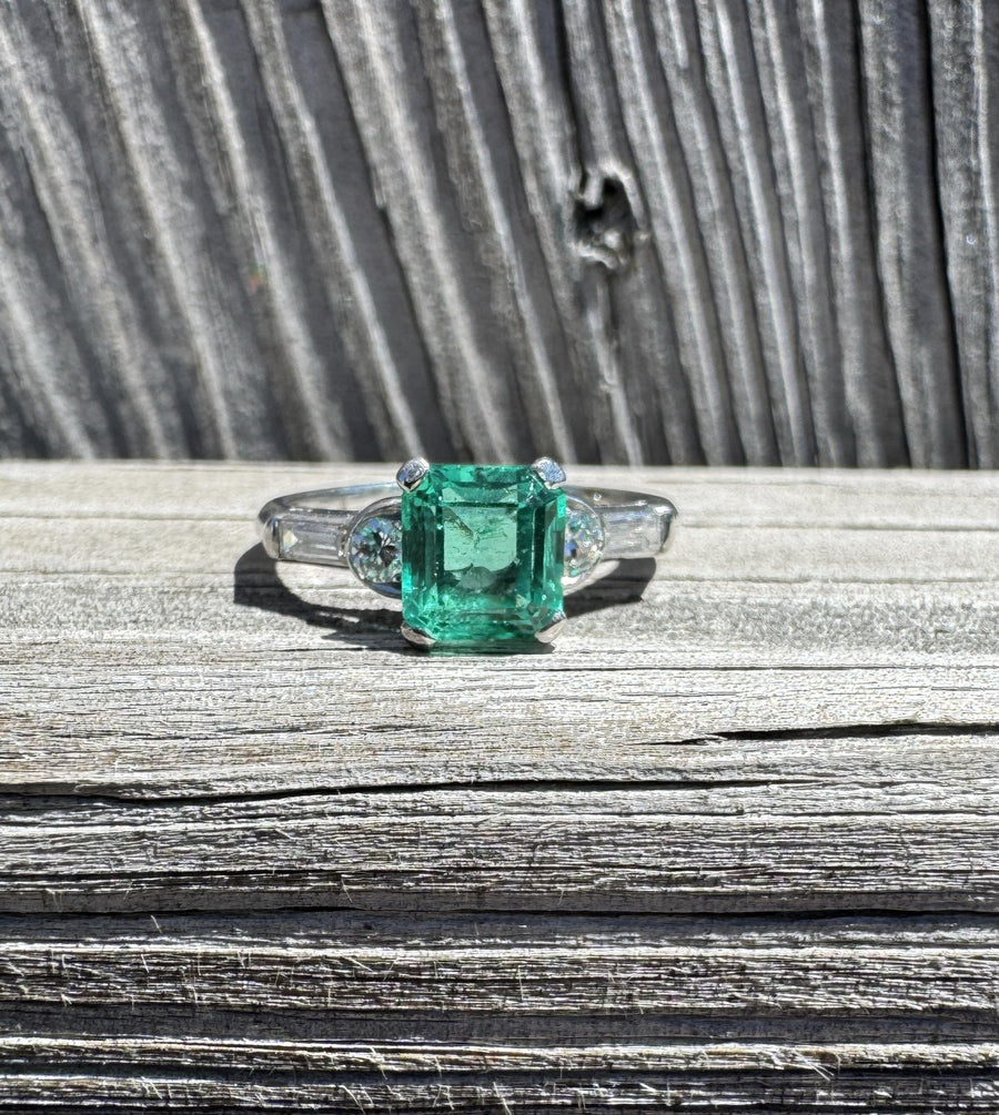 Vintage Platinum Emerald and Round & Baguette Diamond Ring