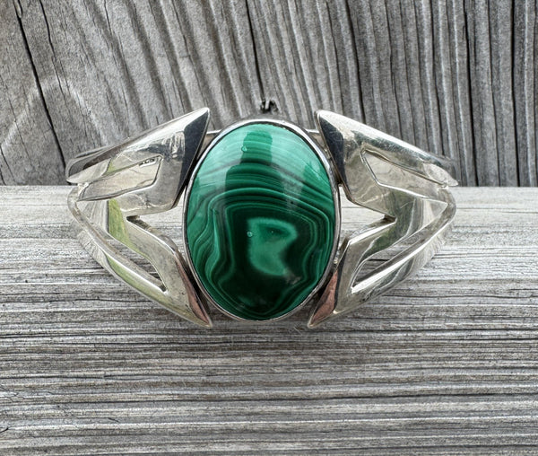 Sterling Silver Malachite Hinge Style Taxco Mexican Bangle Bracelet