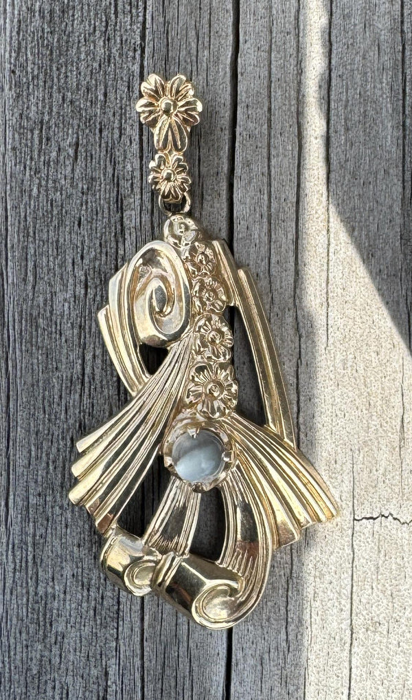 10k Gold Moonstone Floral Swirl Motif Art Nouveau Era Pendant by Shiman