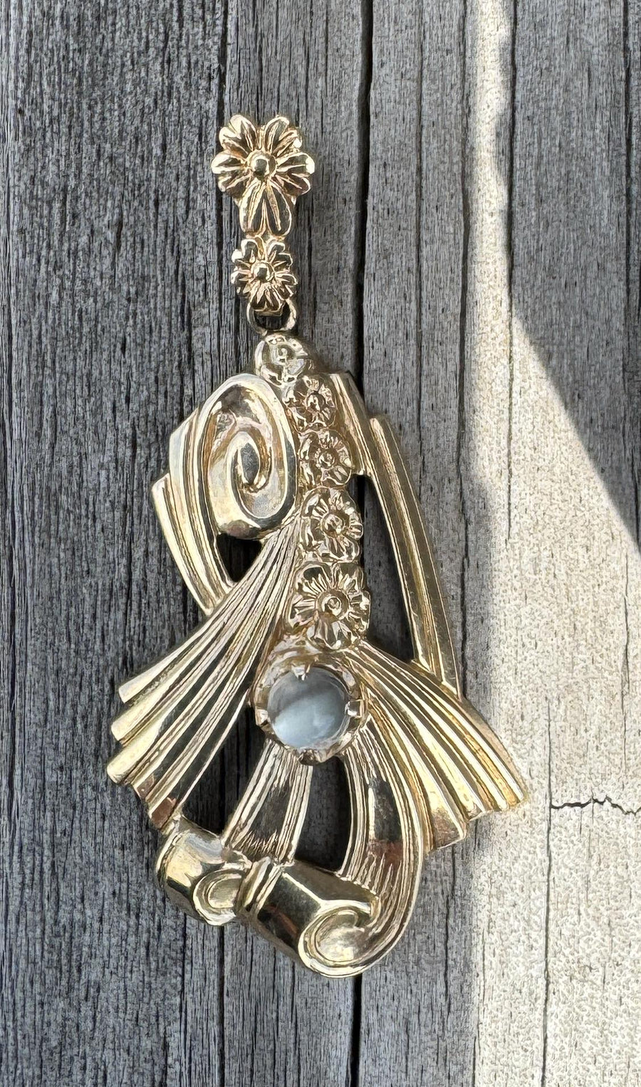 10k Gold Moonstone Floral Swirl Motif Art Nouveau Era Pendant by Shiman