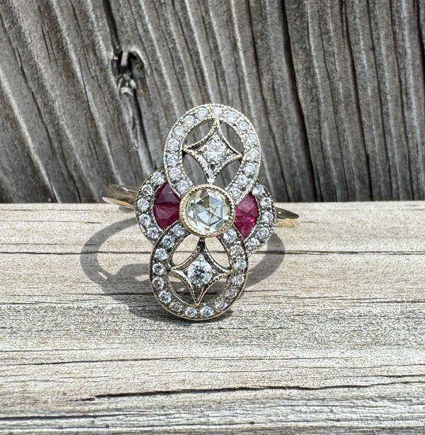 18k Gold Art Deco Reproduction Rose Cut Diamond & French Cut Ruby Ring