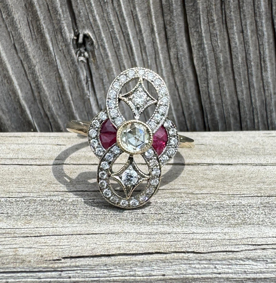 18k Gold Art Deco Reproduction Rose Cut Diamond & French Cut Ruby Ring