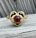 Vintage 10k Gold Heart Ring Red Cabochon Glass Mid Century Floral Estate Ring