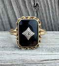 Vintage 10k Gold Onyx Diamond Ring Milgrain Edges and Twisted Border Estate Ring