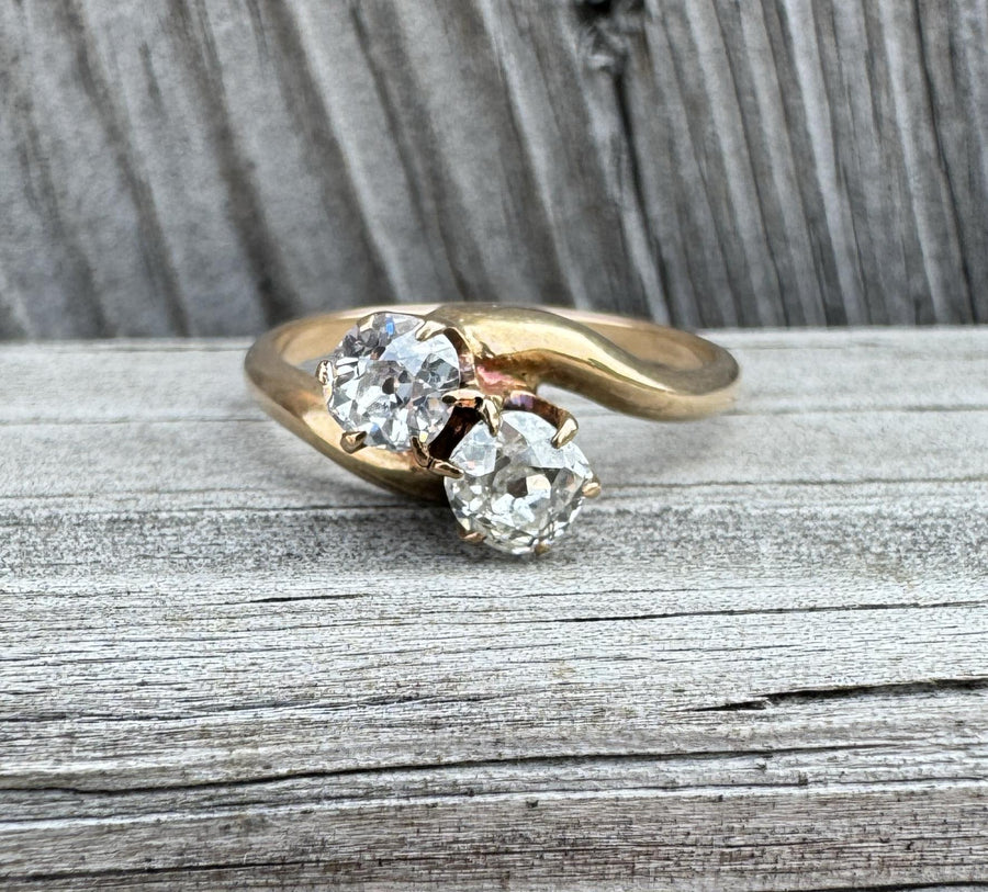 Victorian 10k Gold Toi et Moi Old Mine Cut Diamond Ring 1.00 CTW Two Stone Ring