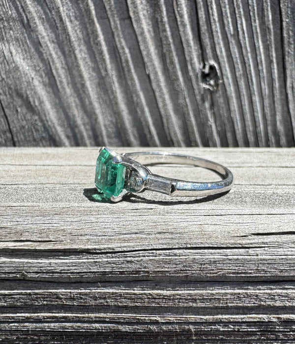 Vintage Platinum Emerald and Round & Baguette Diamond Ring