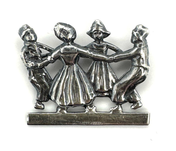 Vintage Sterling Silver Children Ring Around The Rosie Brooch