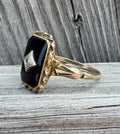Vintage 10k Gold Onyx Diamond Ring Milgrain Edges and Twisted Border Estate Ring