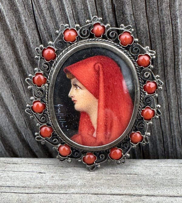 Vintage 800 Silver Italian Hand Painted Saint Fabiola With Coral adornments
