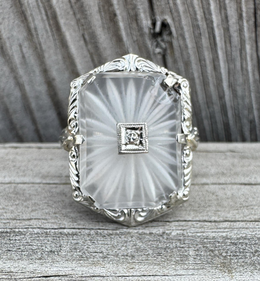 Antique Art Deco 14k Gold Camphor Glass Diamond Filigree Ring Estate Ring