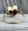 Vintage 10k Gold Heart Ring Red Cabochon Glass Mid Century Floral Estate Ring