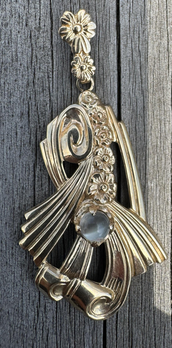 10k Gold Moonstone Floral Swirl Motif Art Nouveau Era Pendant by Shiman