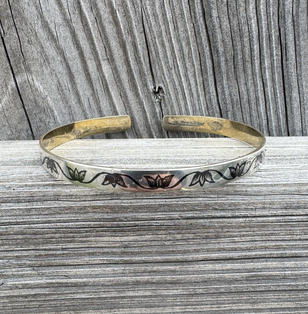 Vintage Soviet 835 Sterling Silver Cuff Bracelet Floral Motif Gilt Interior