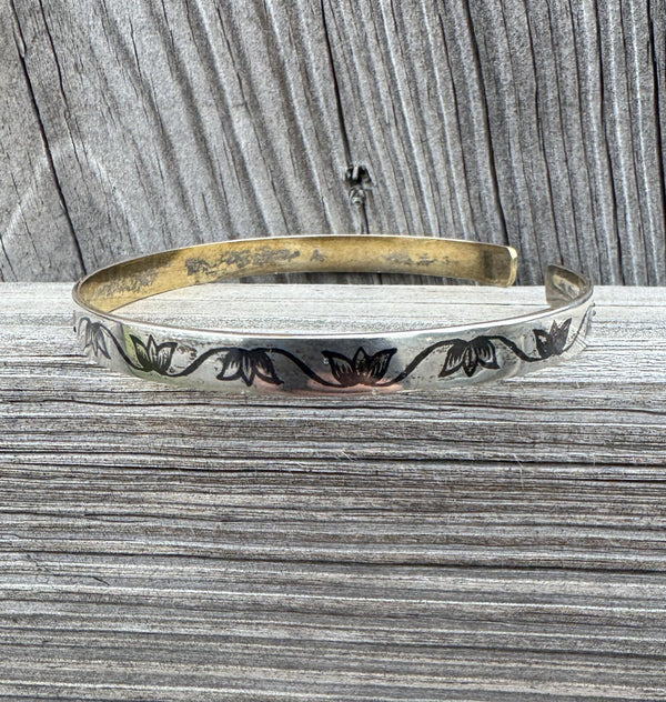 Vintage Soviet 835 Sterling Silver Cuff Bracelet Floral Motif Gilt Interior