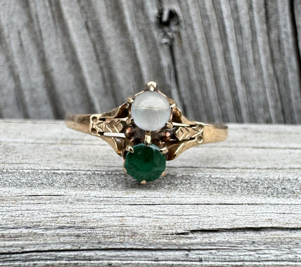 Victorian 10k Gold Moonstone & Emerald Ring Antique Estate Gemstone Ring
