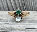 Victorian 10k Gold Moonstone & Emerald Ring Antique Estate Gemstone Ring