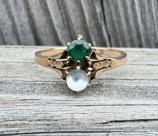 Victorian 10k Gold Moonstone & Emerald Ring Antique Estate Gemstone Ring