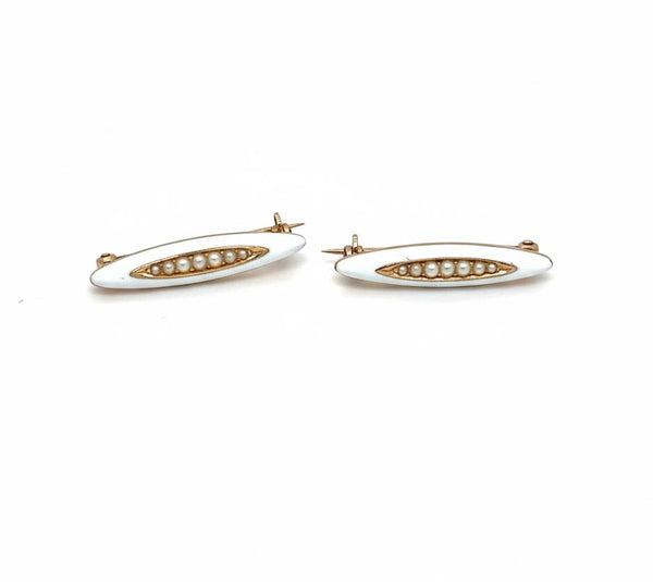 Pair of 14K Yellow Gold, White Enamel & Pearl Lingerie Pins