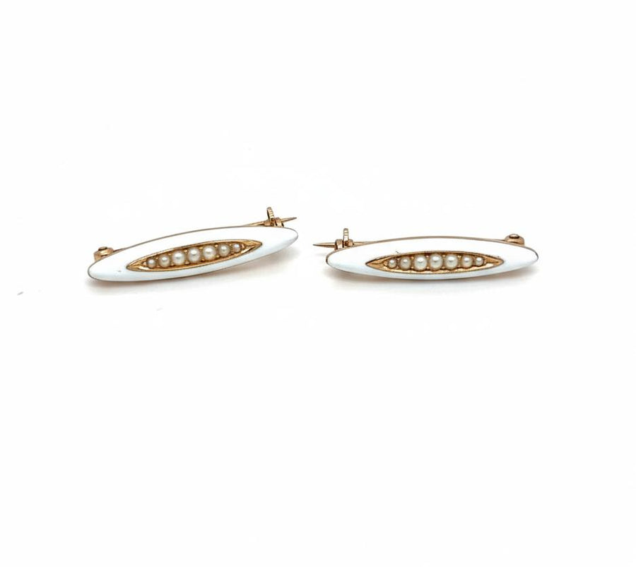 Pair of 14K Yellow Gold, White Enamel & Pearl Lingerie Pins
