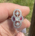 18k Gold Art Deco Reproduction Rose Cut Diamond & French Cut Ruby Ring