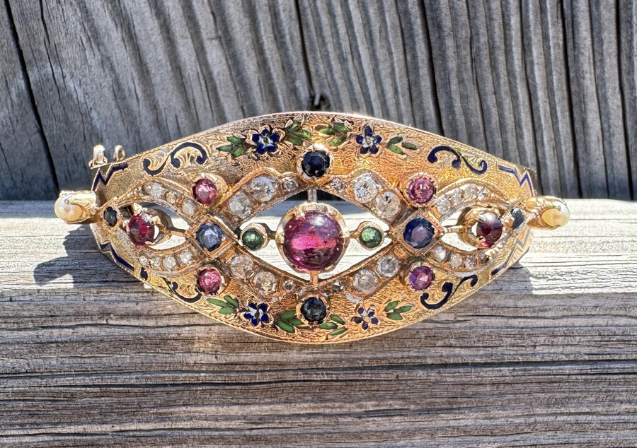 Estate 14k (583) Imperial Russian Gold Ruby Diamond & Sapphire Enamel Bracelet
