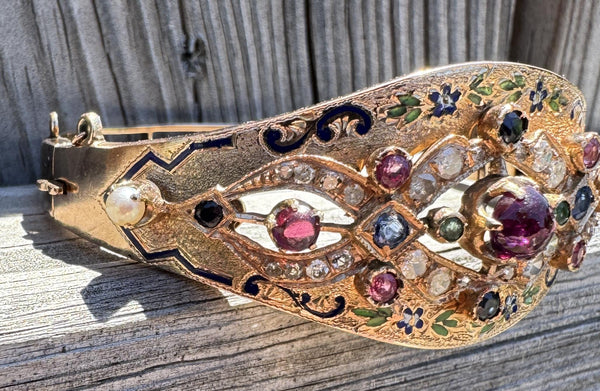 Estate 14k (583) Imperial Russian Gold Ruby Diamond & Sapphire Enamel Bracelet