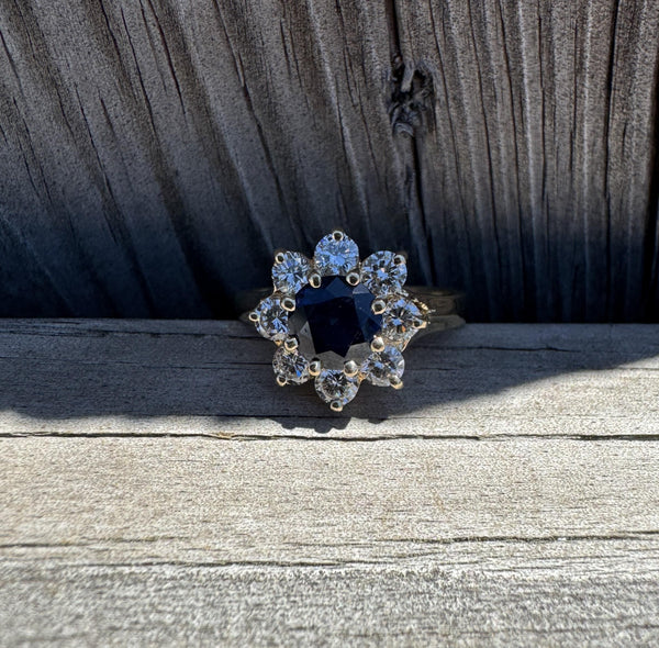 Estate 14k Gold Sapphire and Diamond Halo Statement Ring