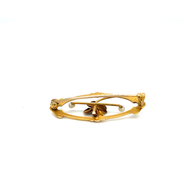 Art Nouveau 14K Yellow Gold Flower Brooch with Three Pearls