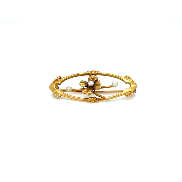 Art Nouveau 14K Yellow Gold Flower Brooch with Three Pearls