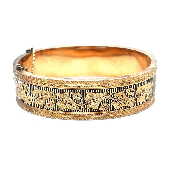 Victorian 14k Gold Hinged Bangle Bracelet Leaf Motif