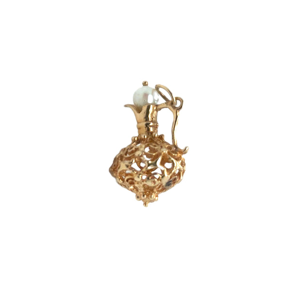 Vintage 14K Filigree Pitcher w/Freshwater Pearl Charm Pendant