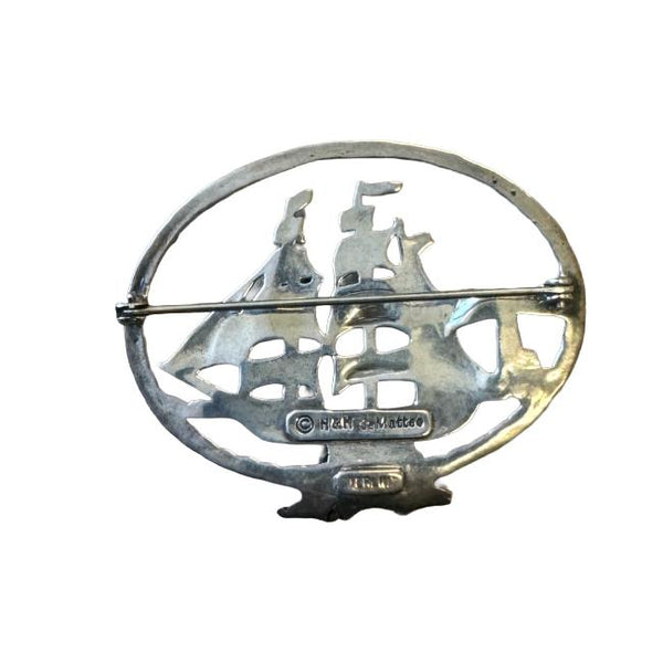 H& H de Matteo Sterling Silver Ship and Lighthouse Brooch