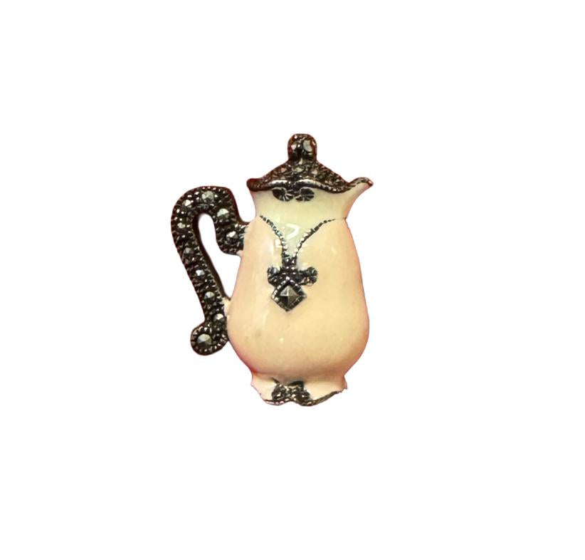 Judith Jack Sterling Silver Marcasite & Enamel Teapot Brooch