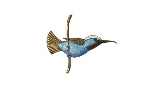 ELA Denmark 925 Sterling Silver Blue & White Enamel Hummingbird Brooch