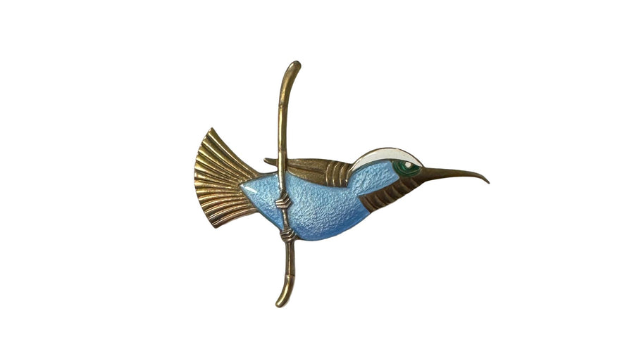 ELA Denmark 925 Sterling Silver Blue & White Enamel Hummingbird Brooch